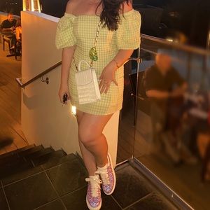 Off the Shoulder Green Checkered Dress